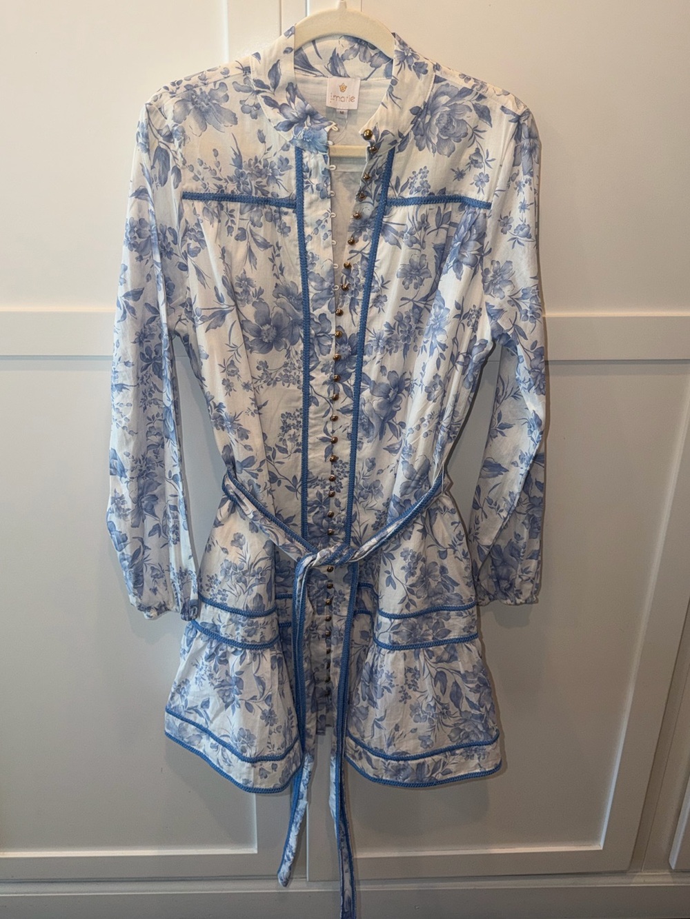 Floral Blue & White Dress with Belt - M
